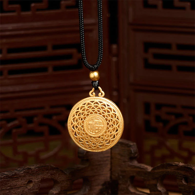 Buddha Stones Copper Eight Treasure Compass Fu Character Fortune Rope Necklace Pendant