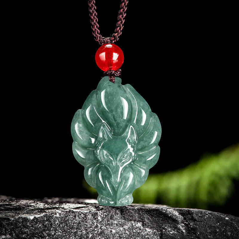 Buddha Stones Natural Green Jade Nine Tailed Fox Luck Necklace Pendant