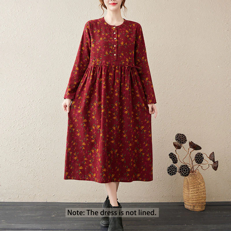 Buddha Stones Casual Ethnic Printing Floral Buttons Design Cotton Linen Midi Dress With Pockets