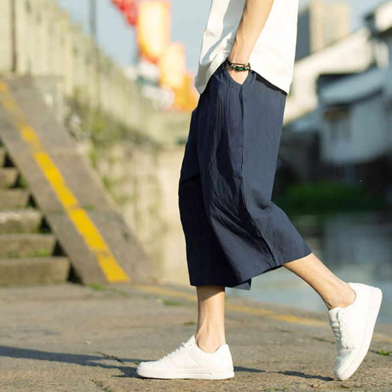 Buddha Stones Summer Plain Pleat Design Drawstring Men's 7-8 Length Cotton Linen Pants With Pockets