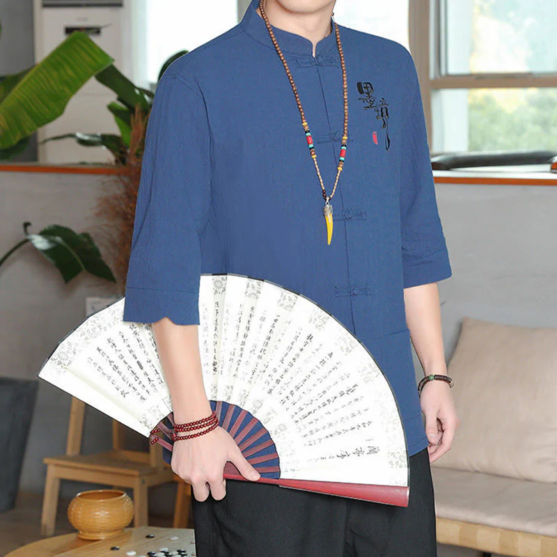 Buddha Stones Frog-Button Chinese Tang Suit Three Quarter Sleeve Cotton Linen Men's Shirt