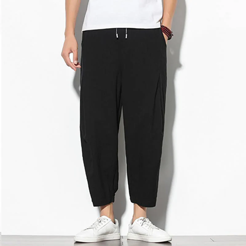 Buddha Stones Summer Men's 7-8 Length Cotton Linen Carrot Pants With Pockets