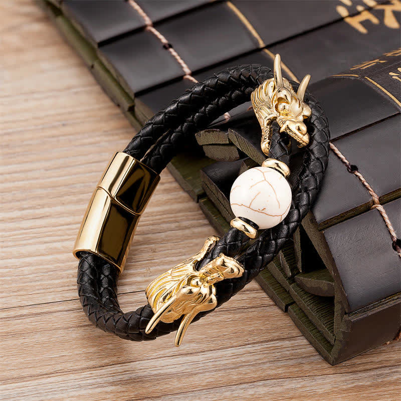 Buddha Stones Double Dragon Head Leather Stone Titanium Steel Success Bracelet (Extra 35% Off | USE CODE: FS35)