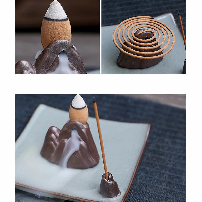 Buddha Stones Lotus Plum Blossom Square Ceramic Spiritual Backflow Incense Burner