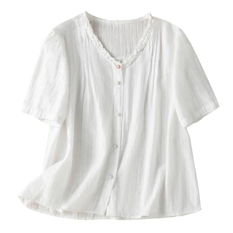 Buddha Stones Jacquard Pleated Ruffled Trim Design V-Neck Short Sleeve Women's Shirt