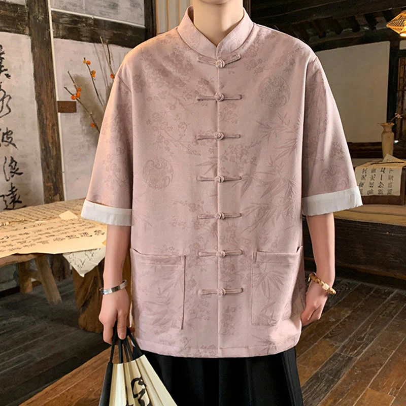 Buddha Stones Jacquard Bamboo Plum Bossom Pattern Chinese Frog-Button Design Men's Half Sleeve Cotton Shirt With Pockets