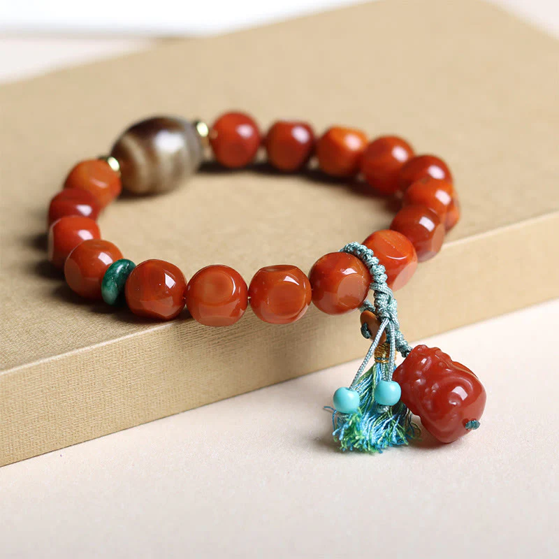 Buddha Stones Natural South Red Agate Pixiu Dzi Bead Fortune Luck Bracelet