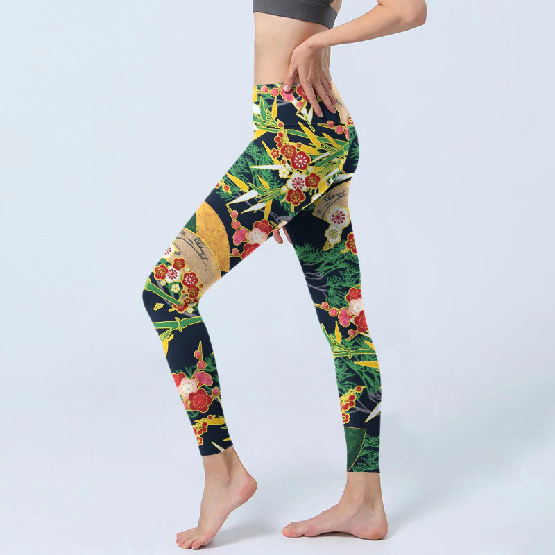 Buddha Stones Red Flowers Yellow-green Bamboo Pine Trees Print Gym Leggings Women's Yoga Pants
