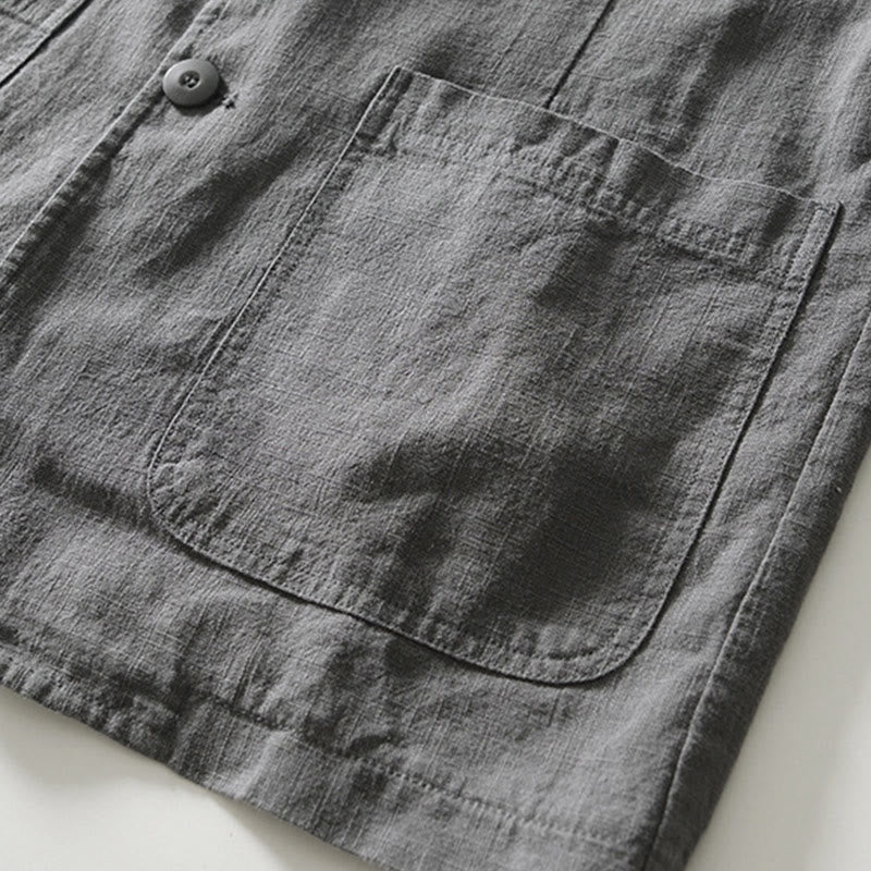 Buddha Stones Long Sleeve Button Placket Design Men's Cotton Linen Jacket Shirt With Pockets