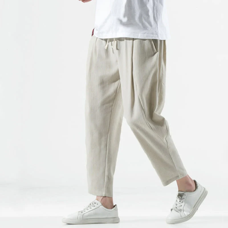 Buddha Stones Casual Plain Pleated Design Drawstring Men's Long Cotton Linen Harem Pants With Pockets