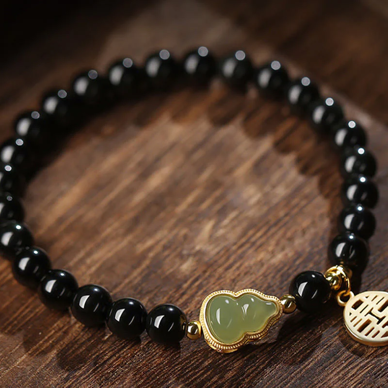 Buddha Stones Natural Black Obsidian Hetian Jade Gourd Double Happiness Strength Bracelet