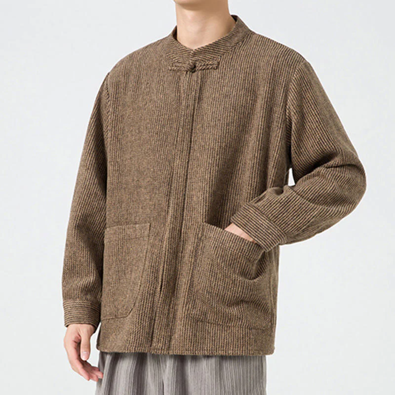 Buddha Stones Long Sleeve Frog-button Design Men's Cotton Jacket Shirt With Pockets