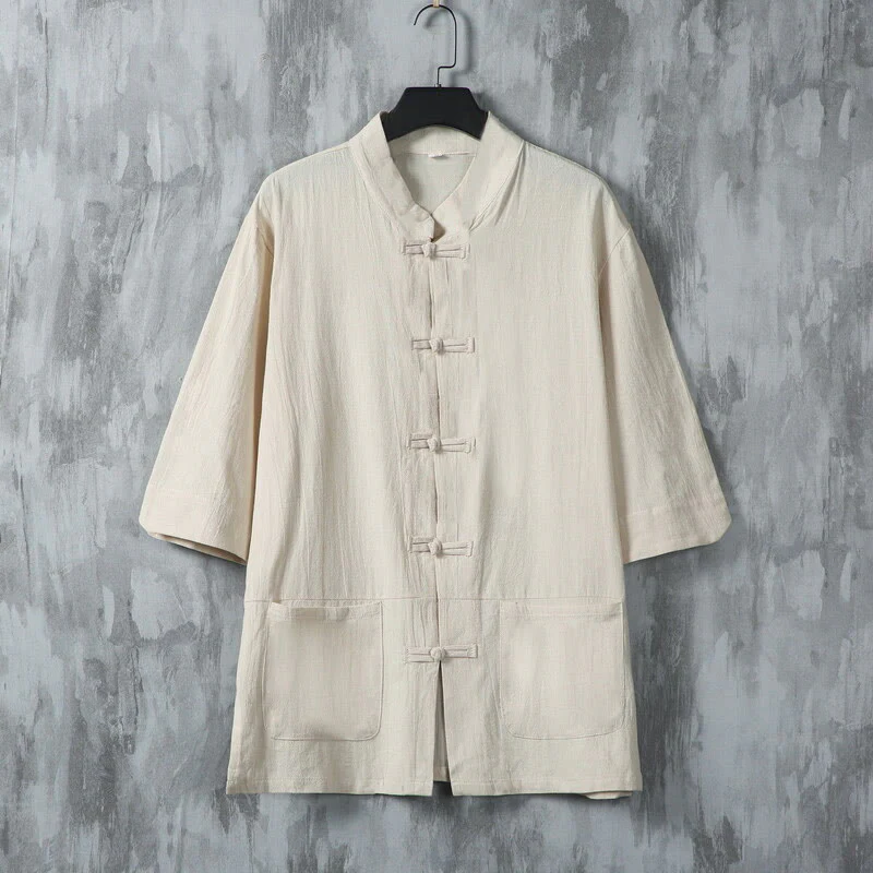 Buddha Stones Solid Color Tang Suit Frog-Button Design Men's Half Sleeve Linen Shirt With Pockets
