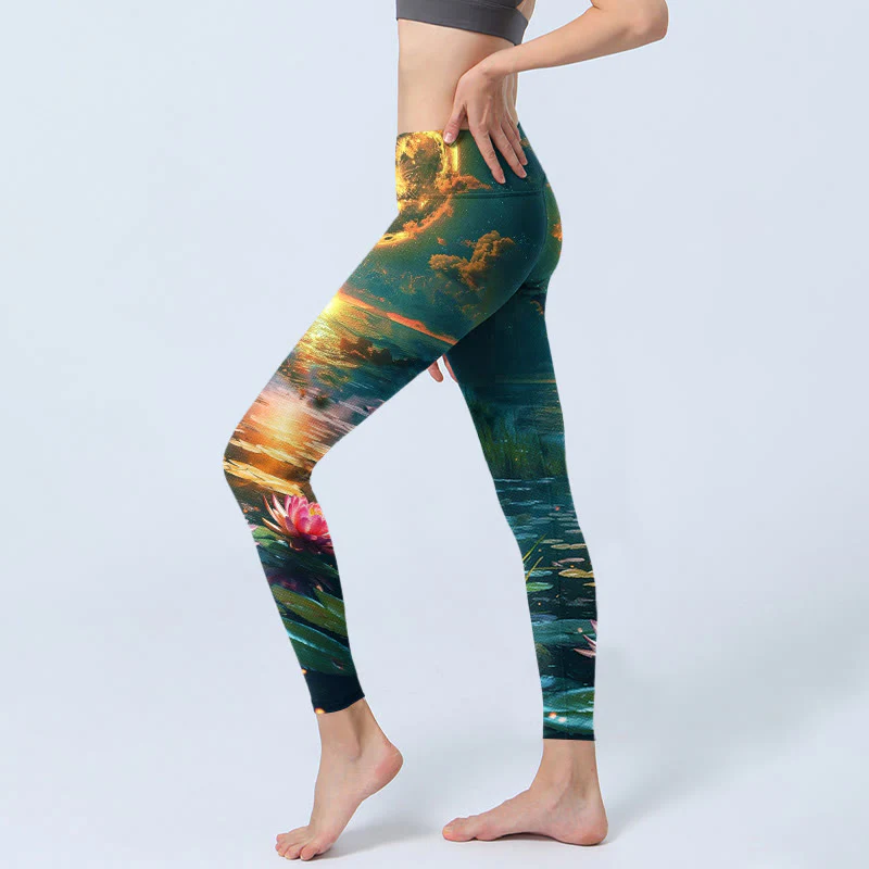 Buddha Stones Full Moon Lotus Flowers Leaves Pattern Print Gym Leggings Women's Yoga Pants