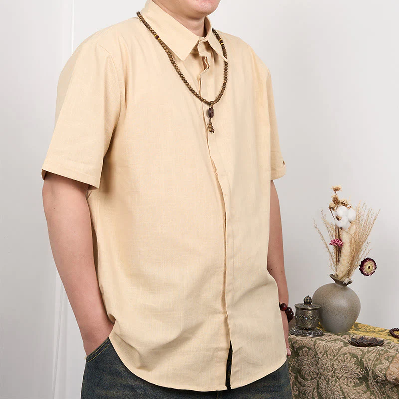 Buddha Stones Men's Short Sleeve Button Casual Cotton Linen Shirt
