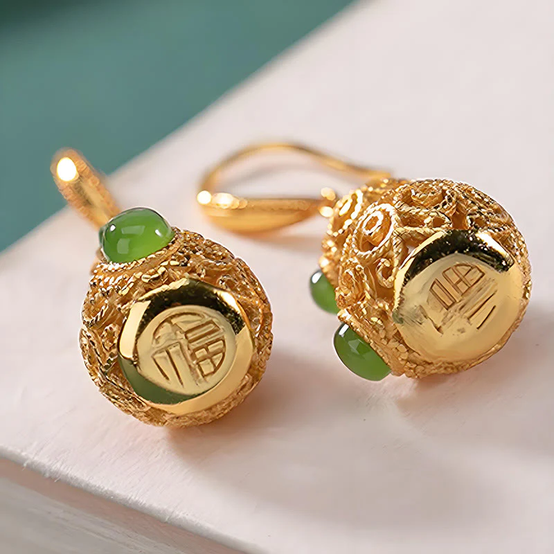 Buddha Stones Copper Hollow Gourd Jade Prosperity Earrings
