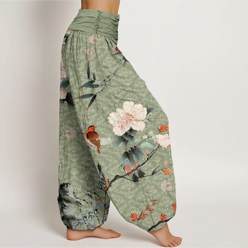 Buddha Stones Warbler Bird Blooming Flower Branches Mandala Pattern Women's Elastic Waist Harem Pants