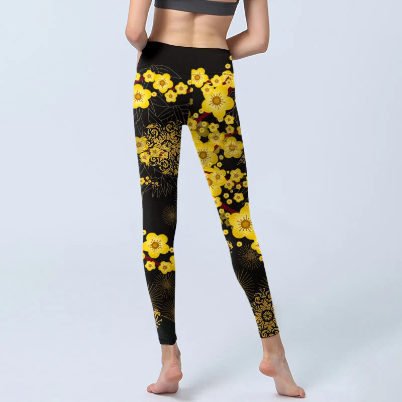 Buddha Stones Yellow Cherry Blossoms Bamboo Leaves Firework Pattern Print Gym Leggings Women's Yoga Pants