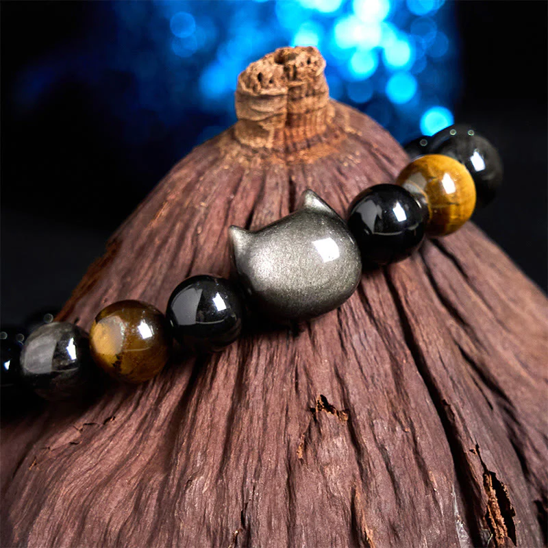 Buddha Stones Natural Silver Sheen Obsidian Beads Cute Cat Soothing Bracelet
