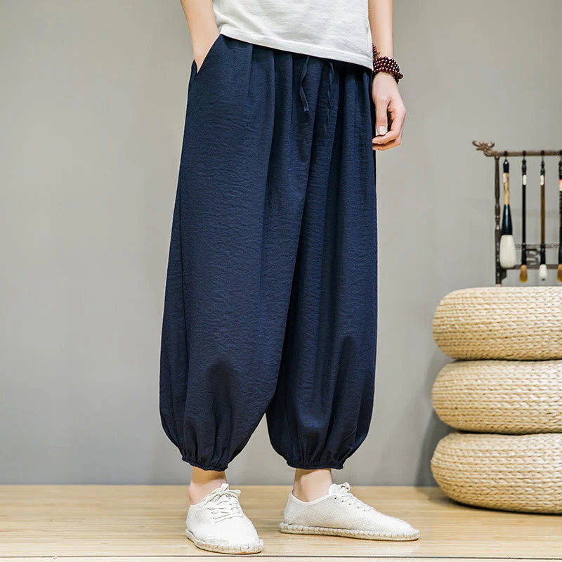 Buddha Stones Summer Plain Drawstring Men's Ankle-Length Cotton Harem Pants With Pockets