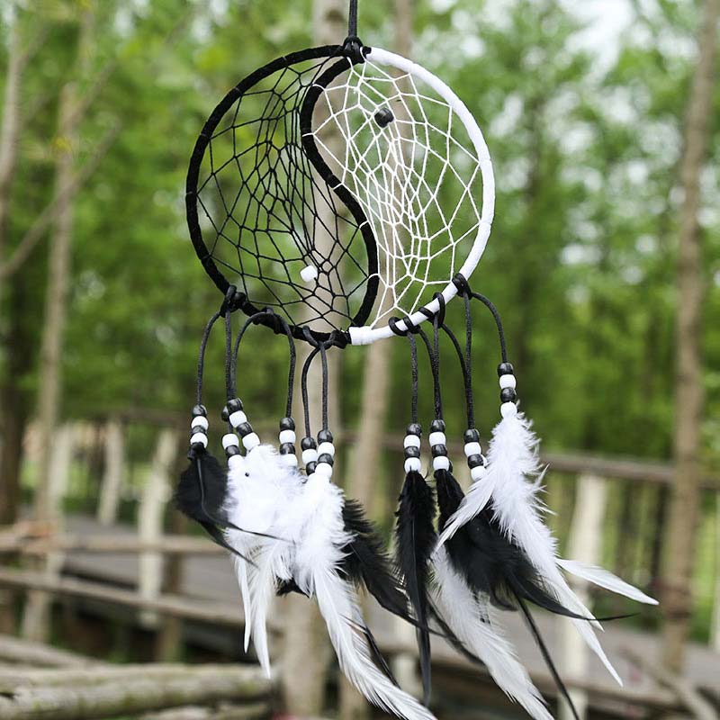 Buddha Stones Yin Yang  Dream Catcher Circular Net with Feathers Balance Decoration