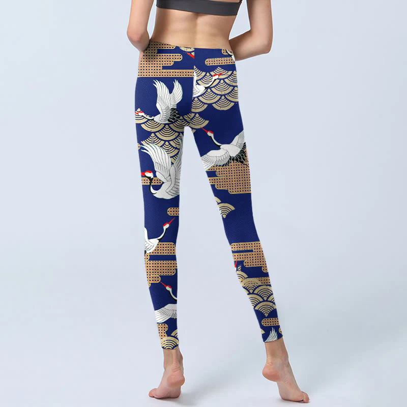 Buddha Stones Red-crowned Cranes Fan-shaped Auspicious Clouds Print Gym Leggings Women's Yoga Pants