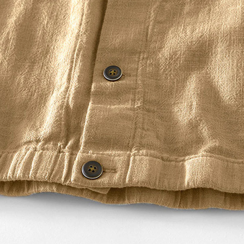 Buddha Stones Casual Plain Simple Buttons Design Men's Long Sleeve Ramie Linen Jacket With Pockets