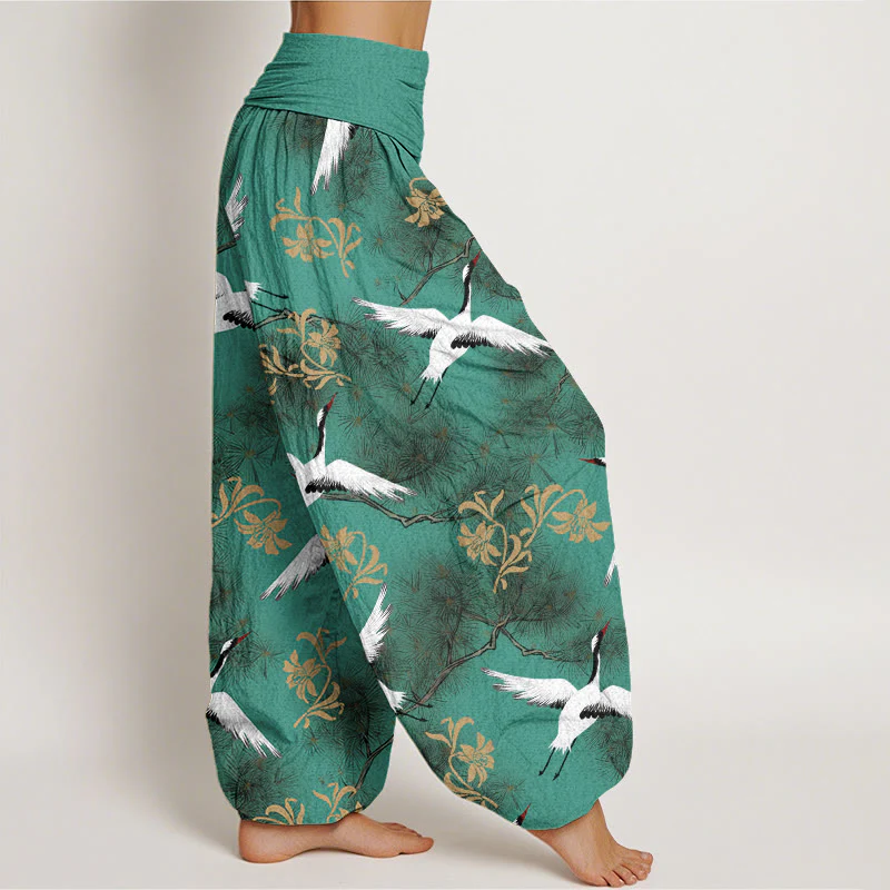 Buddha Stones Casual Red-crowned Crane Pine Tree Pattern Women's Elastic Waist Harem Pants