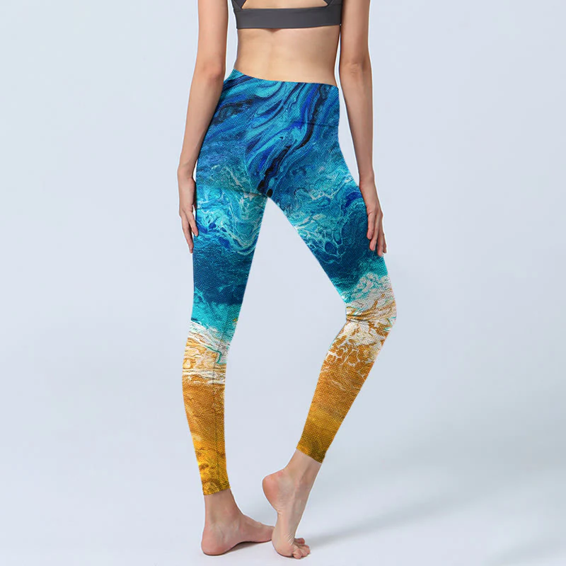 Buddha Stones Ocean Wave Golden Shore Pattern Print Gym Leggings Women's Yoga Pants
