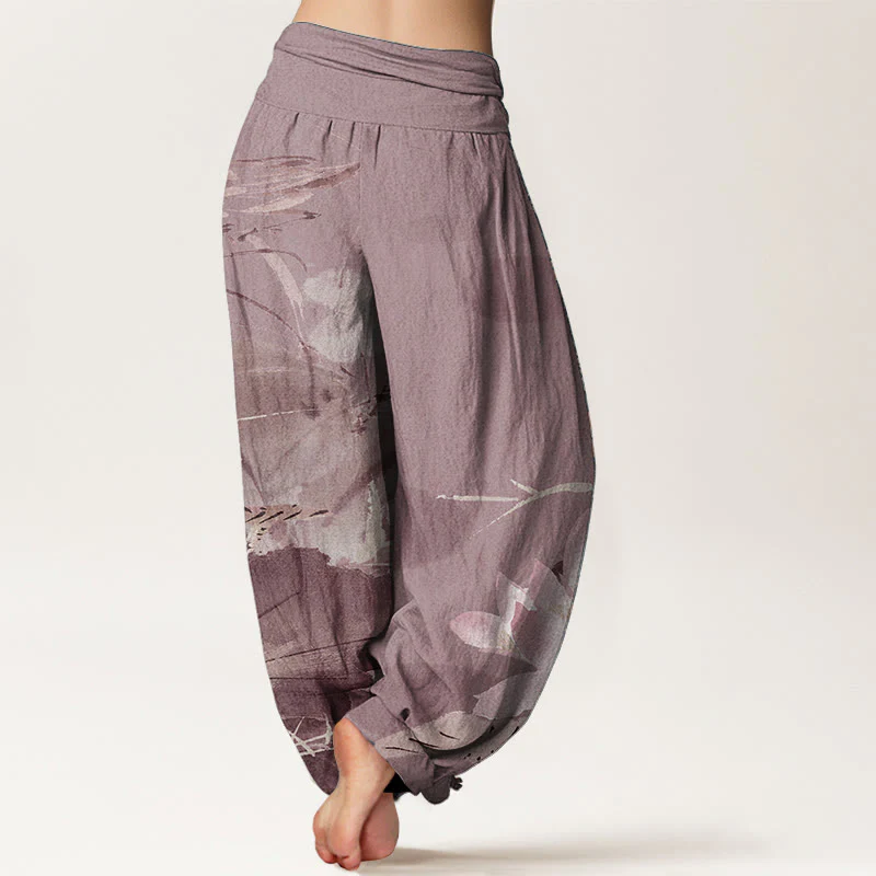 Buddha Stones Pure Cotton Pink Lotus Leaves Bird Pattern Women's Elastic Waist Harem Pants