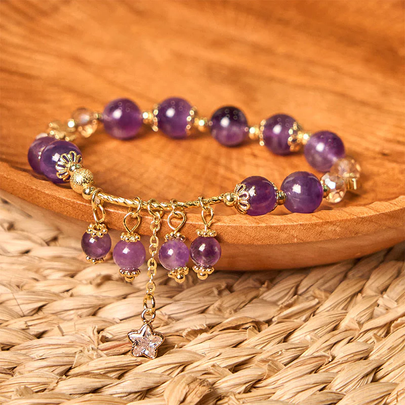 Buddha Stones Natural Amethyst Four Leaf Clover Star Peace Bracelet