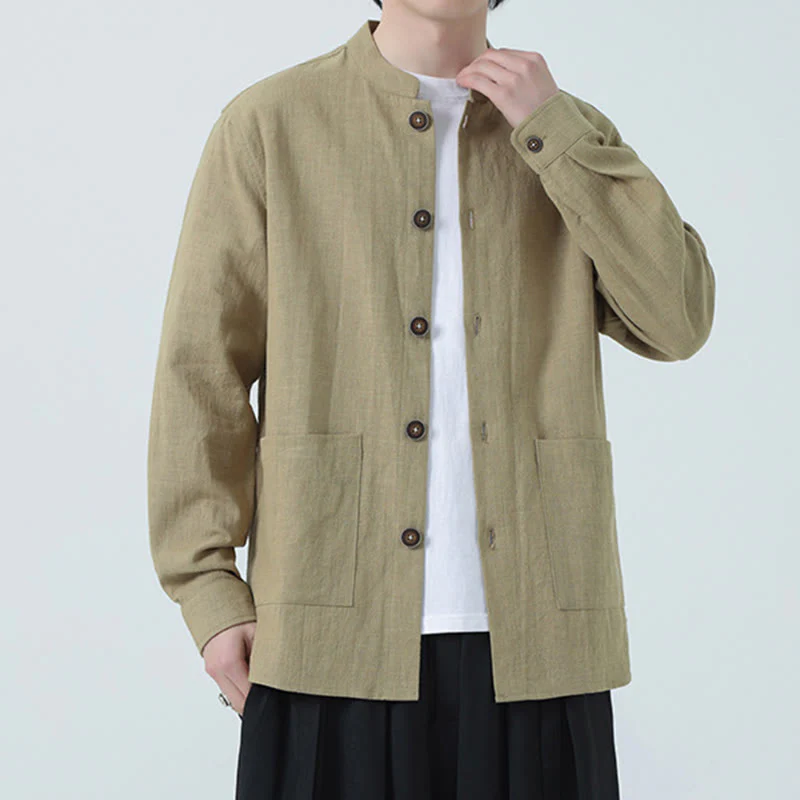 Buddha Stones Men's Button Ramie Linen Cotton Fleece Lined Jacket Shirt With Pockets