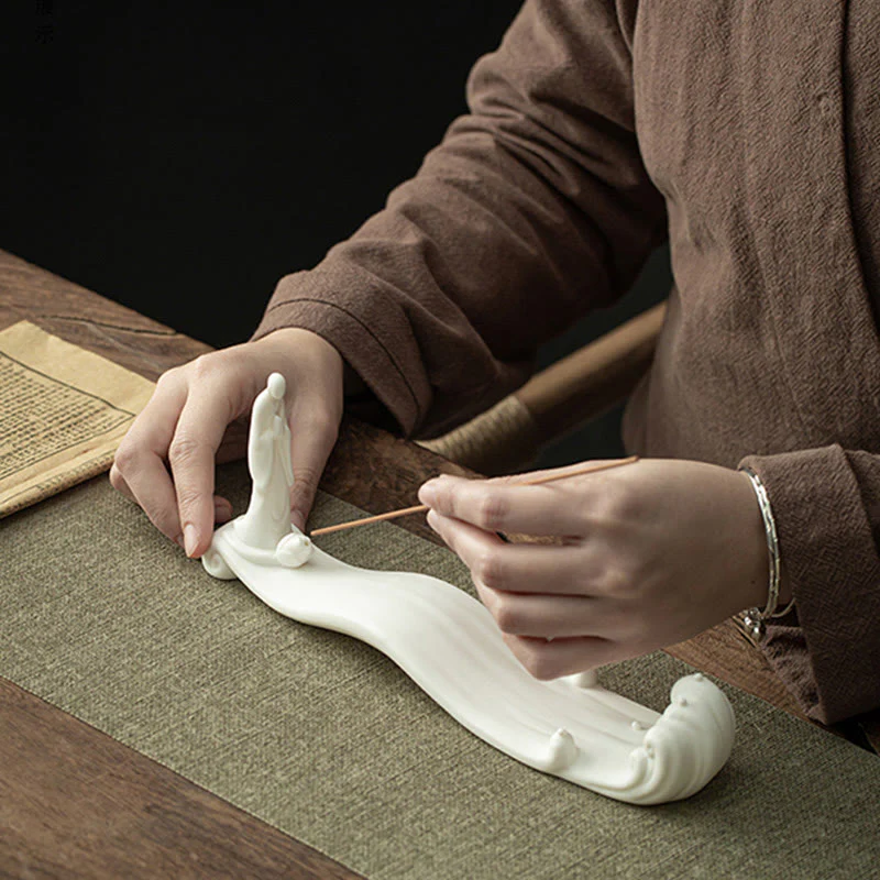 Buddha Stones Buddha Monk Ceramic Sea Wave Mountain Blessing Incense Burner Decoration