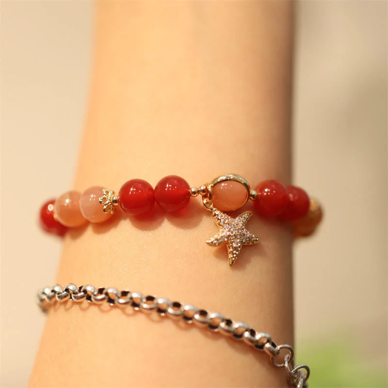 Buddha Stones Sun Stone Peach Moonstone Red Agate Crystal Star Wealth Bracelet