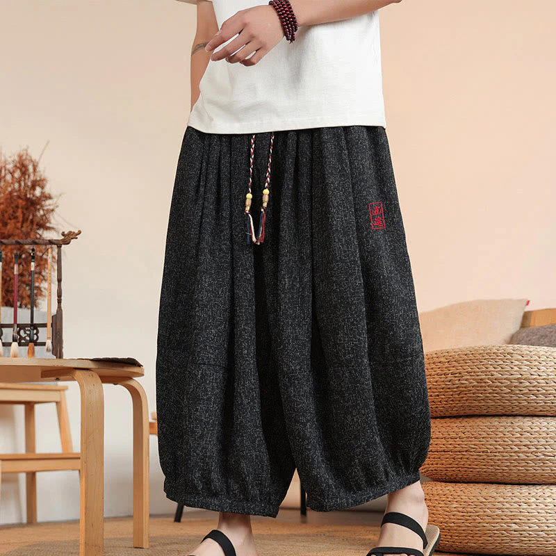 Buddha Stones Summer Characters Embroidery Drawstring Men's Cropped Ankle-Length Harem Pants With Pockets