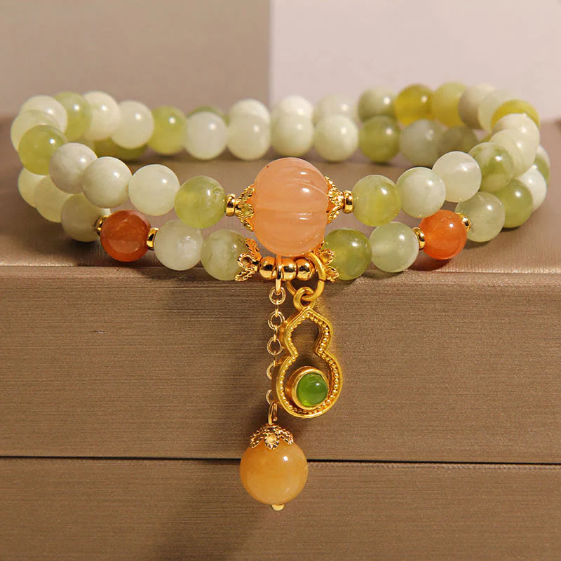 Buddha Stones Double Wrap Gourd Pumpkin Green Grape Serpentine Jade Luck Bracelet