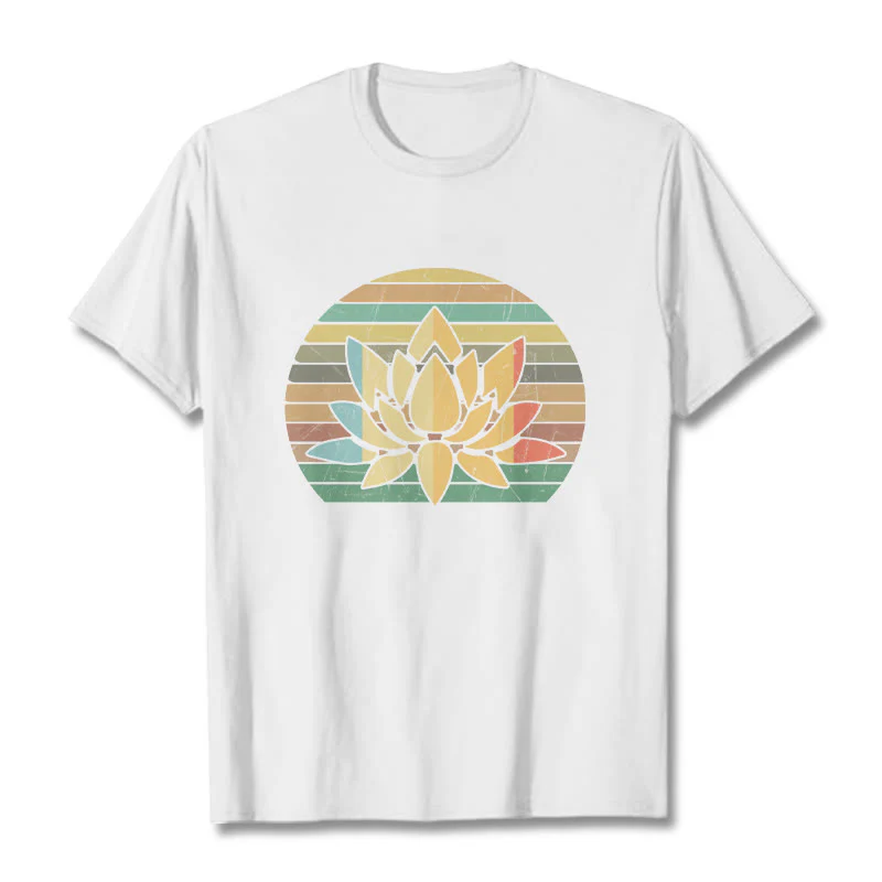 Buddha Stones Casual Retro Striped Background Lotus Flower Pattern Cotton Tee T-shirt