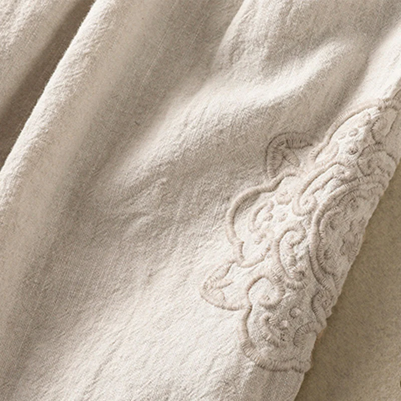 Buddha Stones Casual Embroidery Women's Cotton Linen 7-8 Length Harem Pants With Pockets
