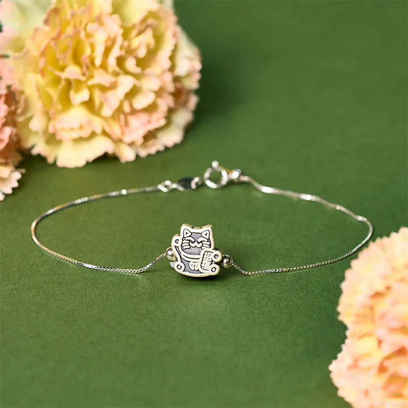 Buddha Stones 999 Sterling Silver Fortune Cat 925 Sterling Silver Chain Protection Bracelet