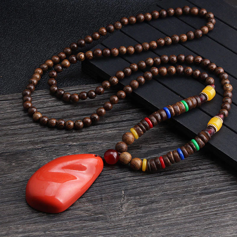 Buddha Stones Tibetan Wenge Wood Bodhi Seed Agate Balance Peace Necklace Pendant