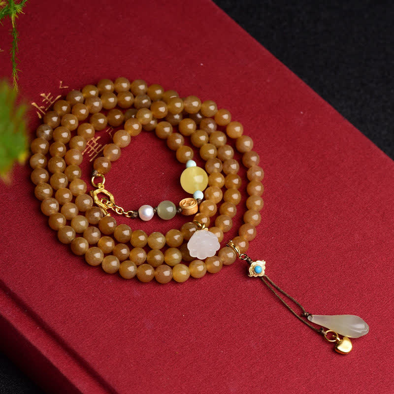 Buddha Stones Natural Hetian Topaz Amber Lotus White Jade Pearl Success Bracelet