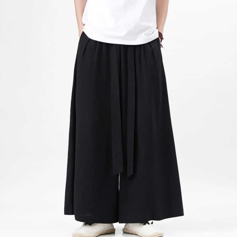 Buddha Stones Spring Casual Sports Drawstring Design Men's Cotton Linen Wide Leg Pants With Pockets