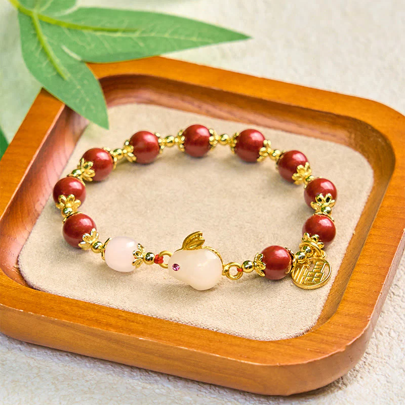 Buddha Stones Cinnabar Cute Rabbit Bunny Fu Character Charm Blessing Bracelet