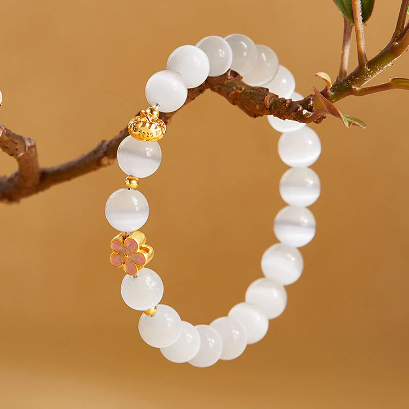 Buddha Stones 925 Sterling Silver Natural Peach Blossom White Cat's Eye Positive Bracelet