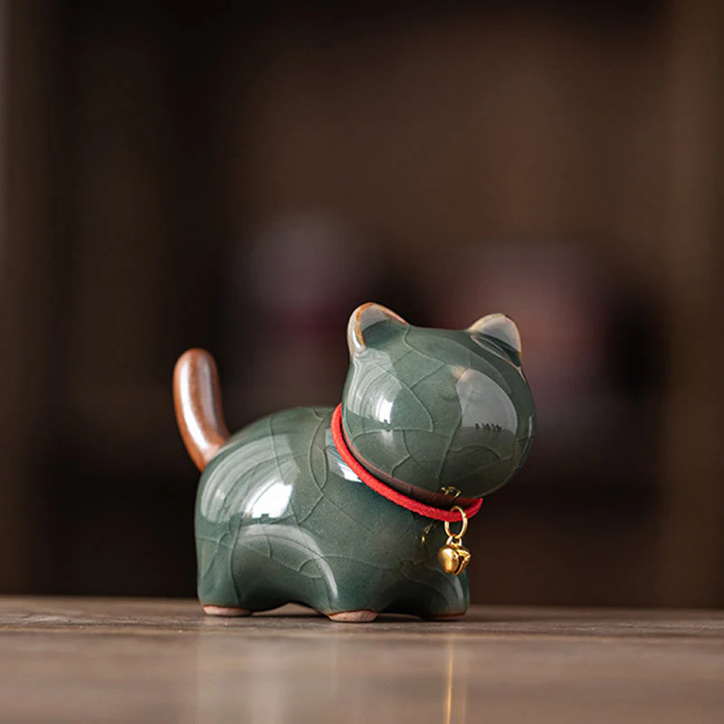 Buddha Stones Mini Lucky Cute Standing Cat Red Rope Bell Ceramic Figurine Decoration