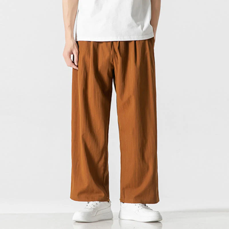 Buddha Stones Summer Casual Plain Straight Leg Design Men's Cotton Linen Drawstring Pants With Pockets