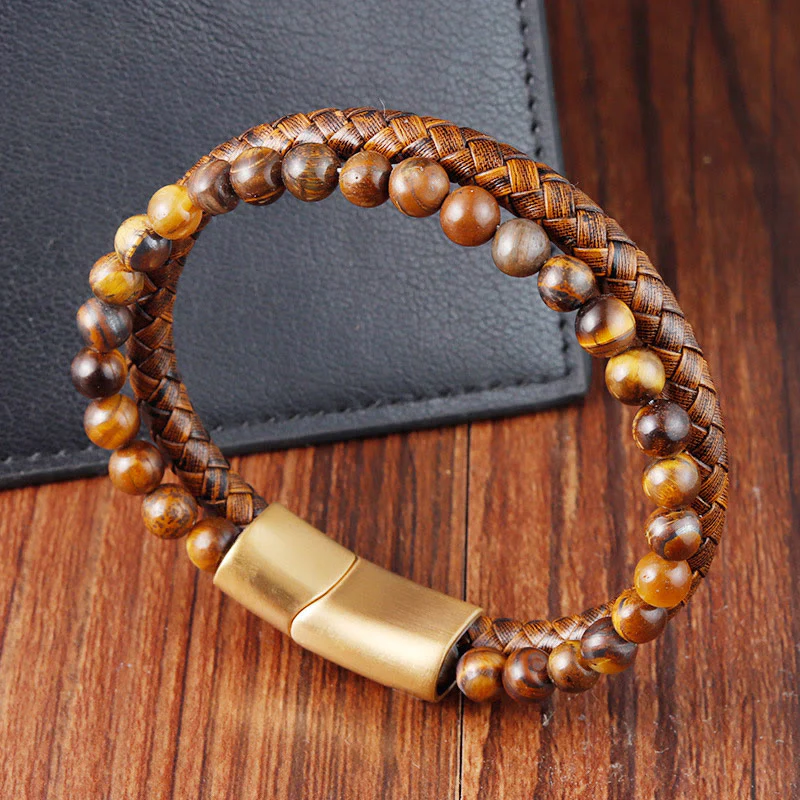 Buddha Stones Multi-layer Woven Tiger Eye Stone Beads Leather Titanium Steel Strength Buckle Bracelet