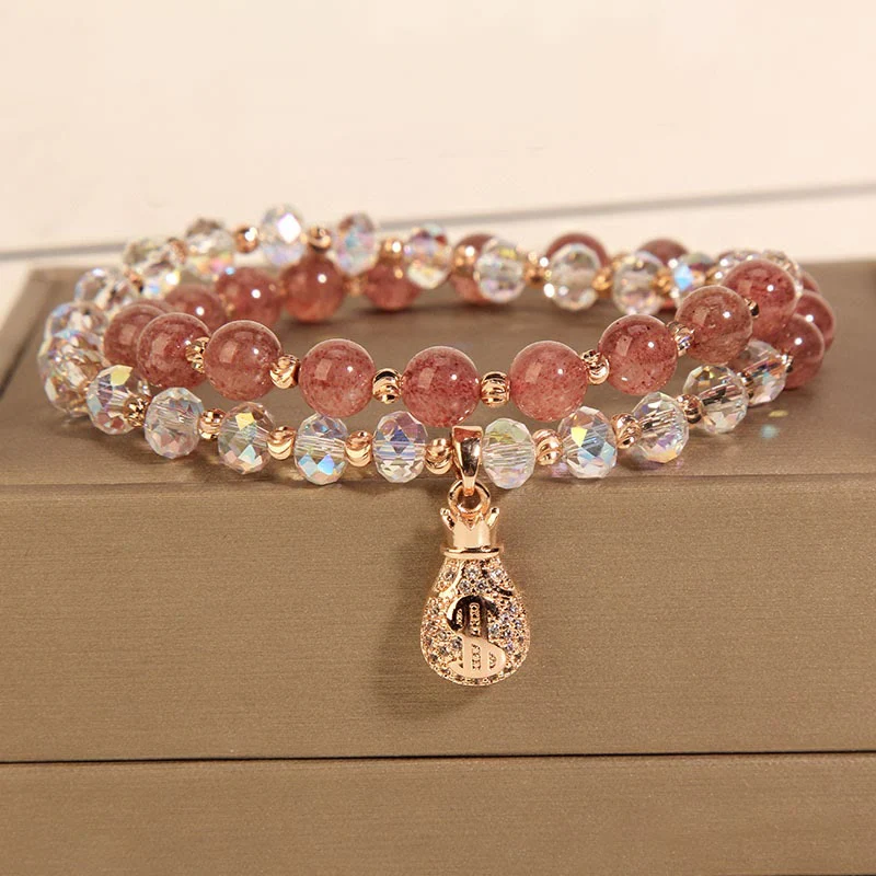 Buddha Stones Strawberry Quartz White Crystal Money Bag Charm Positive Bracelet