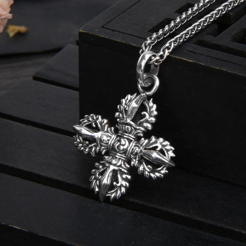 Buddha Stones 925 Sterling Silver Double Dorje Vajra Spiritual Strength Necklace Pendant