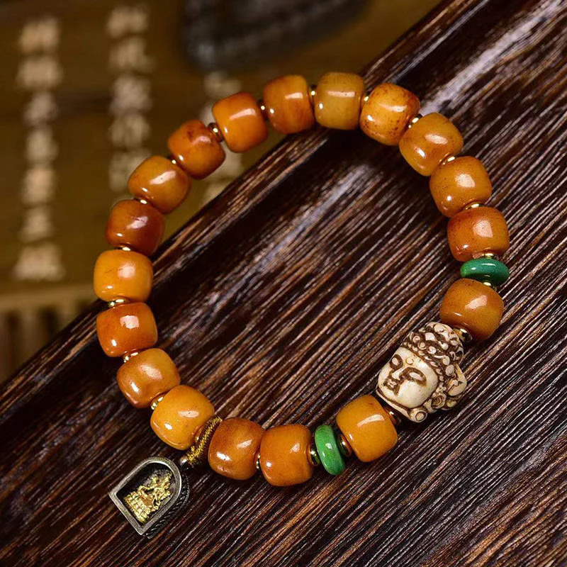 Buddha Stones Natural Tibetan Camel Bone Barrel Beads Buddha Head Luck Protection Bracelet